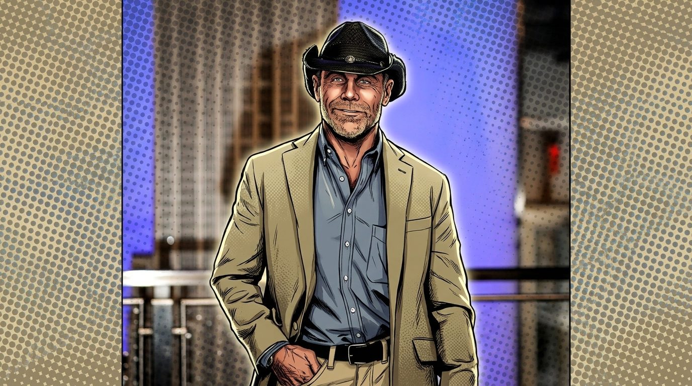 Comic-style halftone illustration of Shawn Michaels in a tan blazer over a blue-gray shirt and black cowboy hat, smiling in front of a blurred New York City skyline with a blue wash
