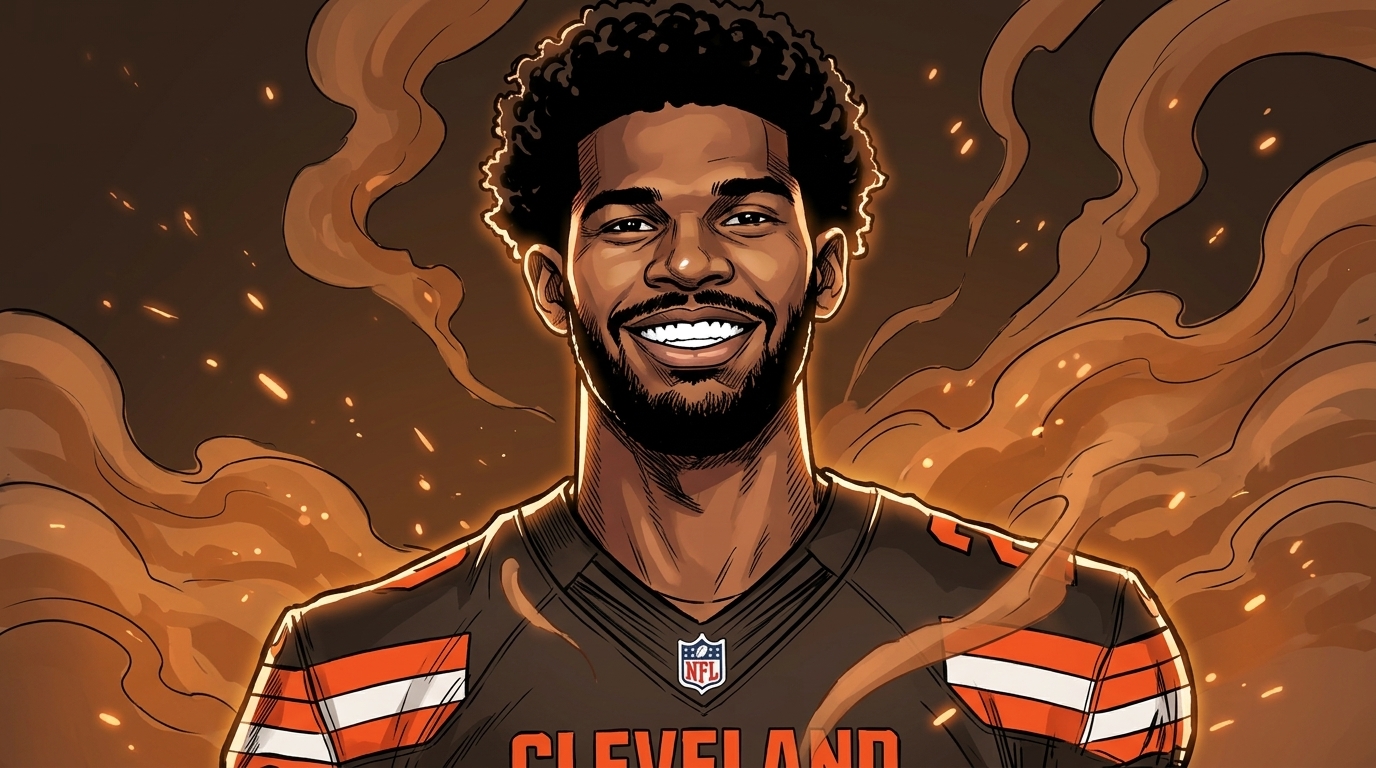 Shedeur Sanders in Cleveland Browns brown jersey, Marvel comic book illustration with smoke and sparks effect