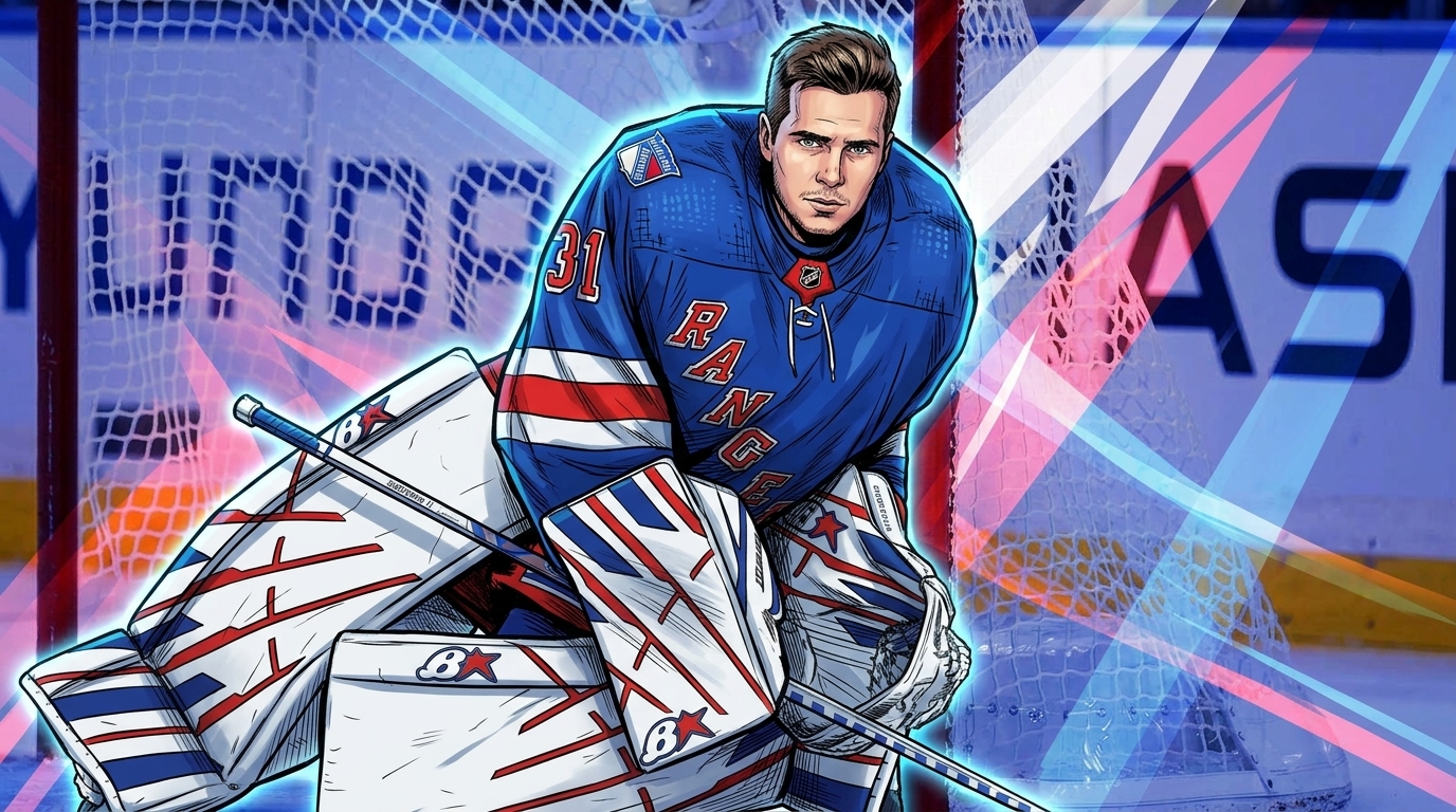 Igor Shesterkin in comic book illustration style crouched in the crease, royal blue New York Rangers home jersey with white number 31, white goalie pads with blue and red stripes, geometric light-streak effect against a blurred Madison Square Garden rink background