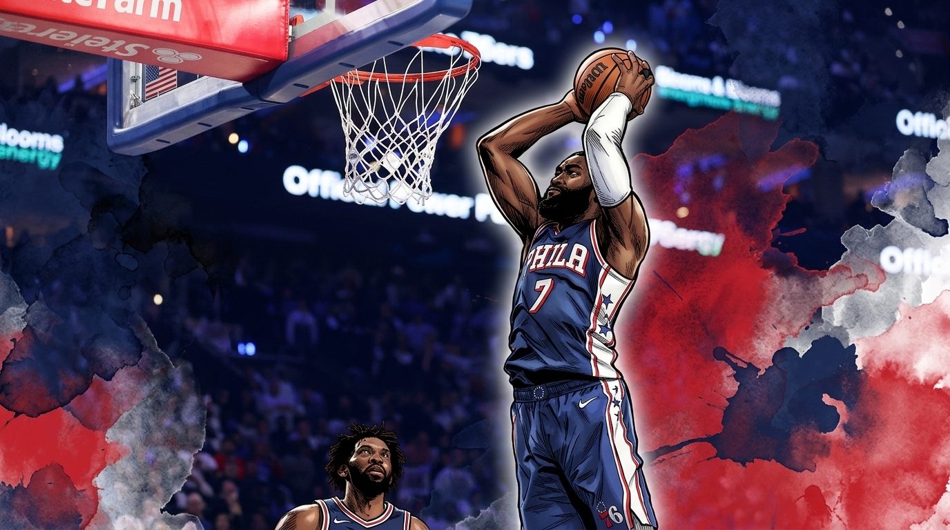 Comic-style illustration of Jaylen Brown dunking in a navy Philadelphia 76ers jersey, ink wash and watercolor bleed effect in navy and red against a blurred arena background
