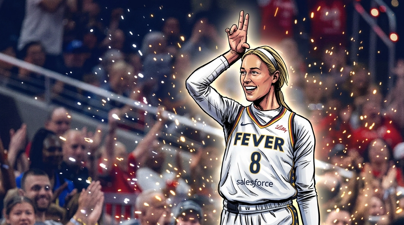 Comic-style illustrated portrait of Sophie Cunningham in her white Indiana Fever No. 8 jersey, ink-outlined and cel-shaded, holding up three fingers near her temple with a floating-embers effect and a blurred arena crowd background.