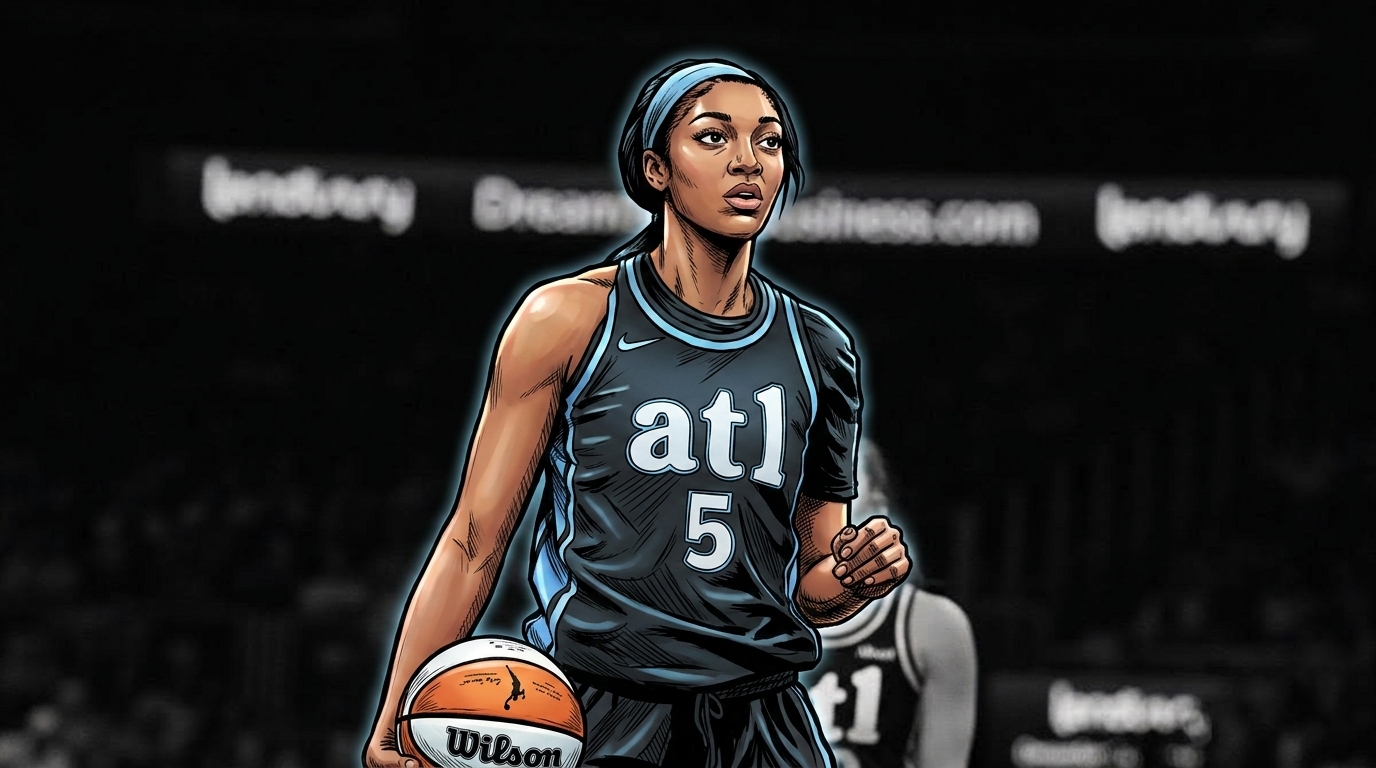 Comic-style ink illustration of Angel Reese dribbling in a black Atlanta Dream alternate jersey with a neon rim-glow effect against a blurred arena background