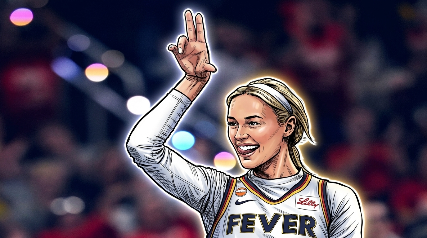 Comic-style illustration of Indiana Fever guard Sophie Cunningham in her white Fever jersey with a neon rim-glow effect