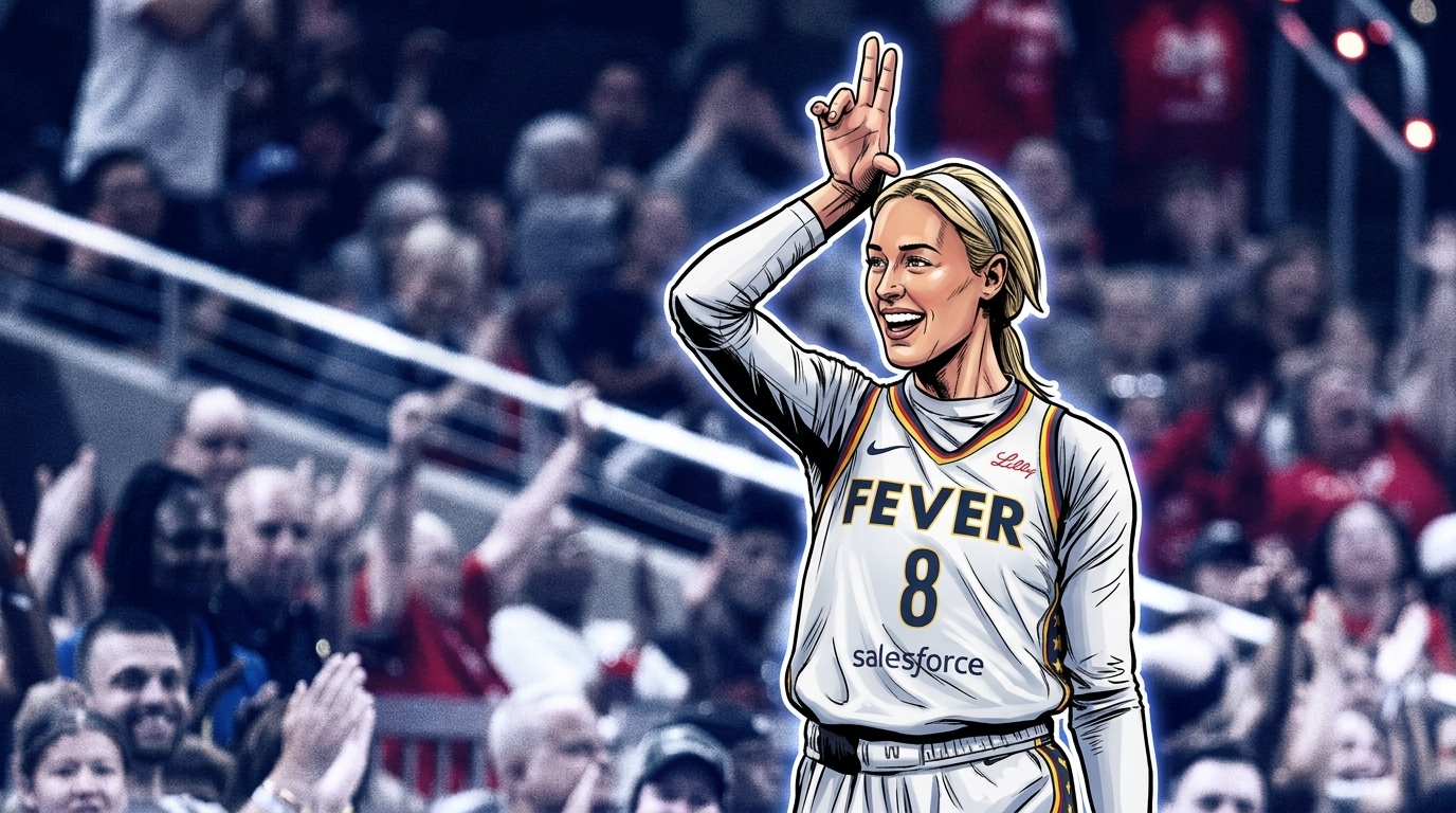 Comic-style illustration of Sophie Cunningham in an Indiana Fever uniform, holding up three fingers in celebration