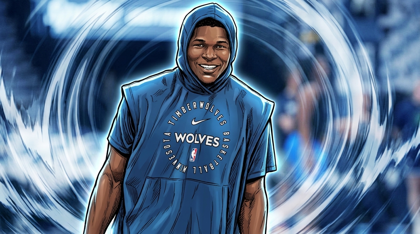 Anthony Edwards smiling in a blue Minnesota Timberwolves hoodie, comic-style illustration with a blue shockwave effect background