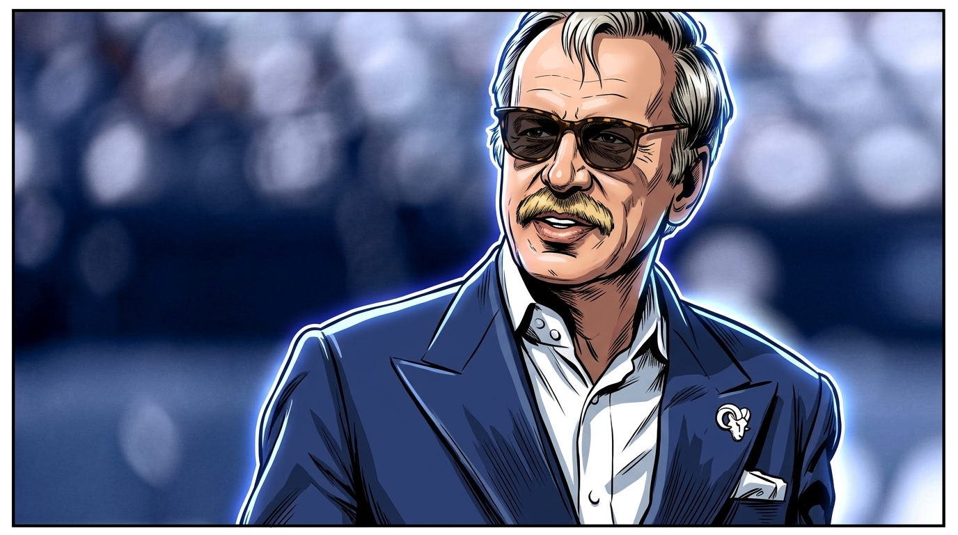 Comic-style ink illustration of Stan Kroenke in a navy suit with a Rams lapel pin and sunglasses, smiling in a blurred stadium with blue neon rim-glow effect