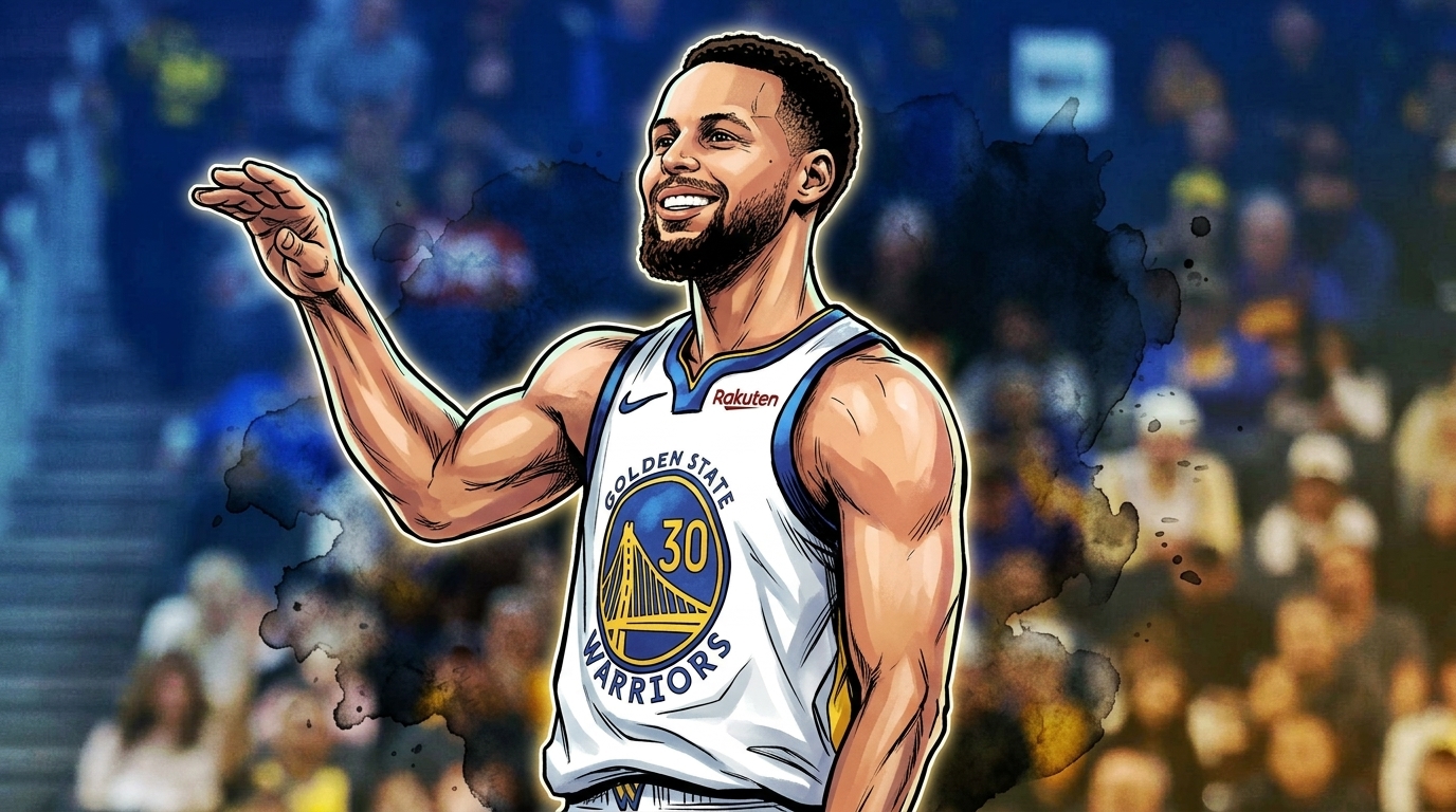 Comic-styled illustration of Stephen Curry smiling and waving in his Golden State Warriors jersey — Swipe Sports