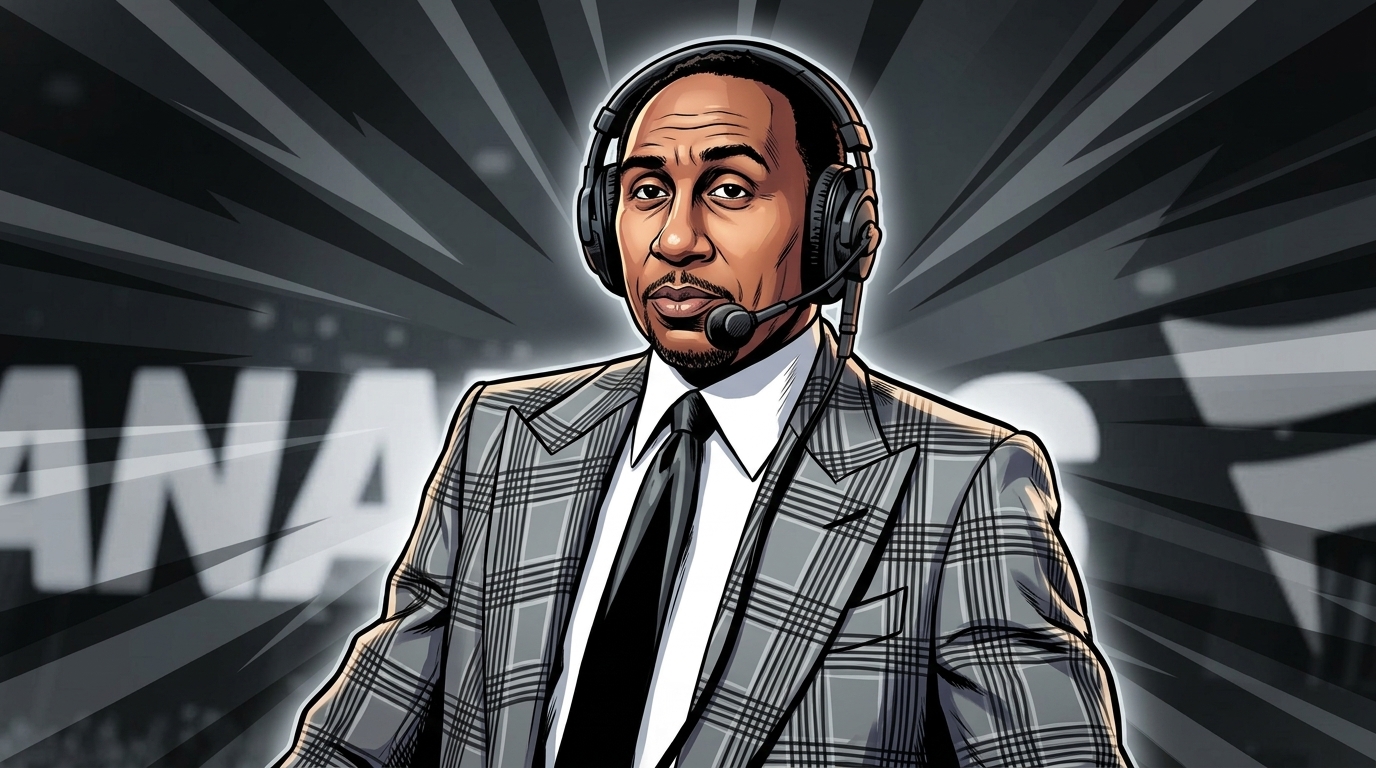 Comic-style illustration of ESPN's Stephen A. Smith in a grey plaid suit and headset, geometric light streaks radiating behind him