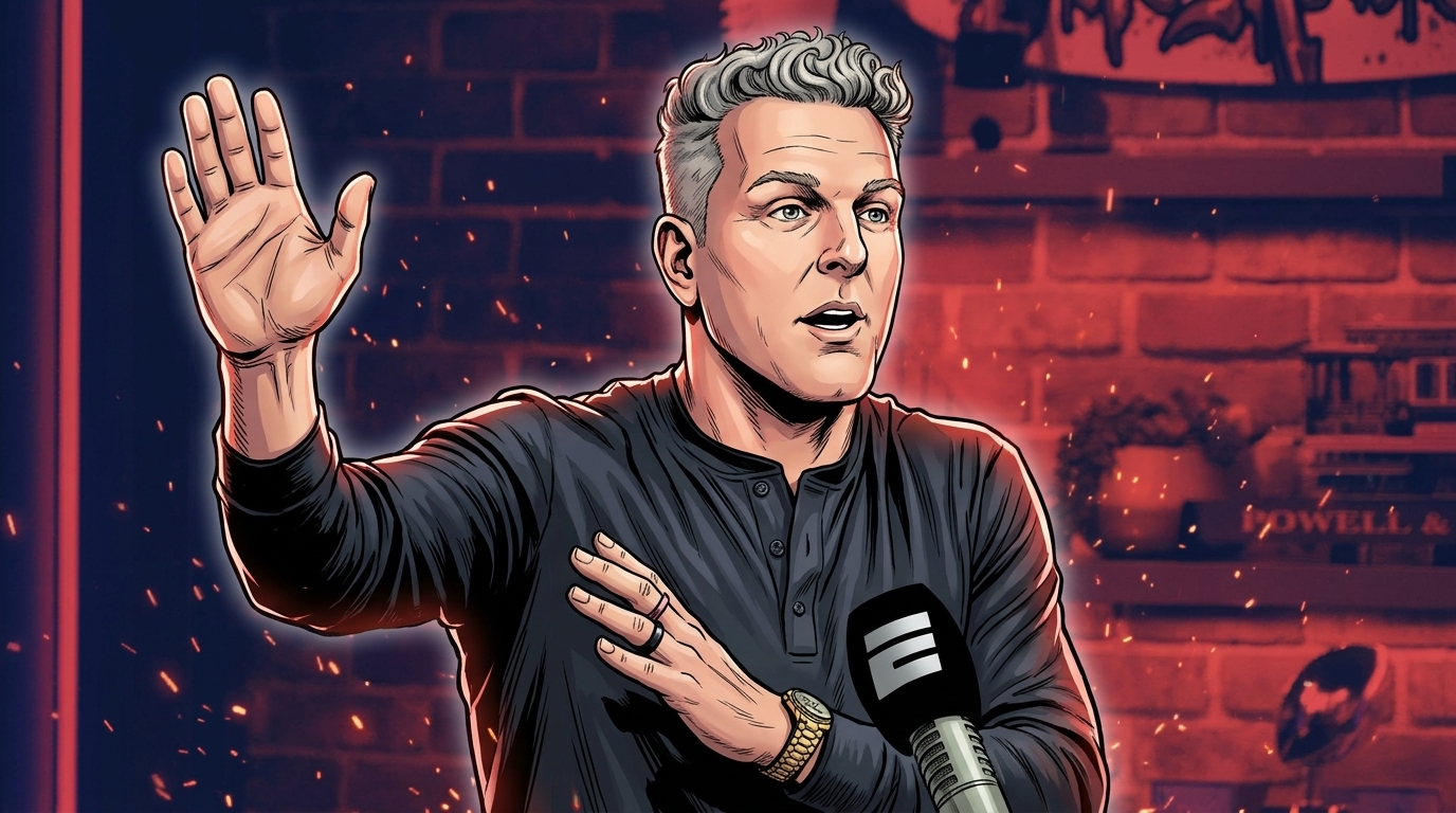 Comic-style illustrated portrait of Pat McAfee on a broadcast set, red particle and floating-ember effect background