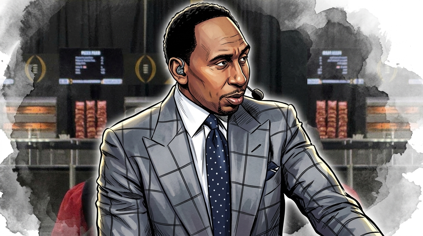 Comic-style illustration of Stephen A. Smith in a gray windowpane suit and earpiece mic, gray and black ink-wash effect over a blurred ESPN media-day backdrop