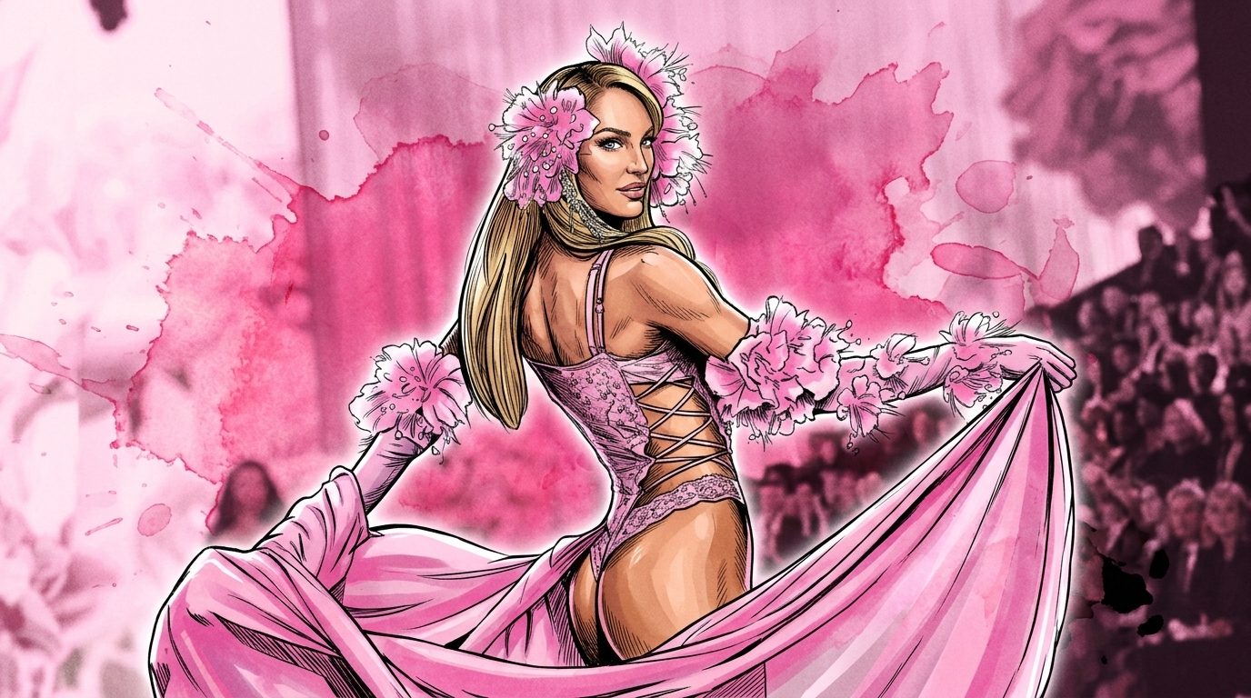 Comic-style illustration of Candice Swanepoel on the Victoria's Secret runway in a pink lace bodysuit and floral headpiece, pink ink-wash watercolor effect over the stage background