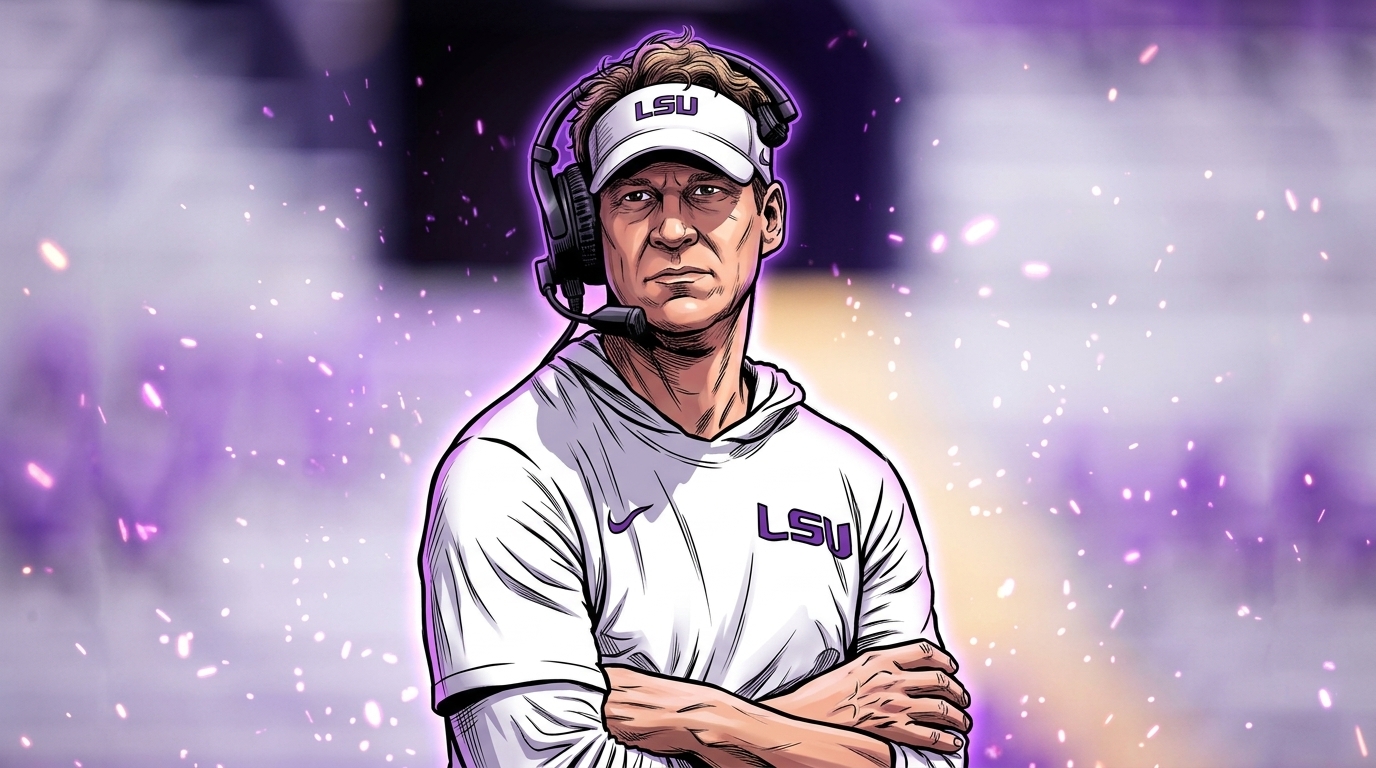 Lane Kiffin illustrated in comic style with a particle field effect on the LSU sideline — Swipe Sports