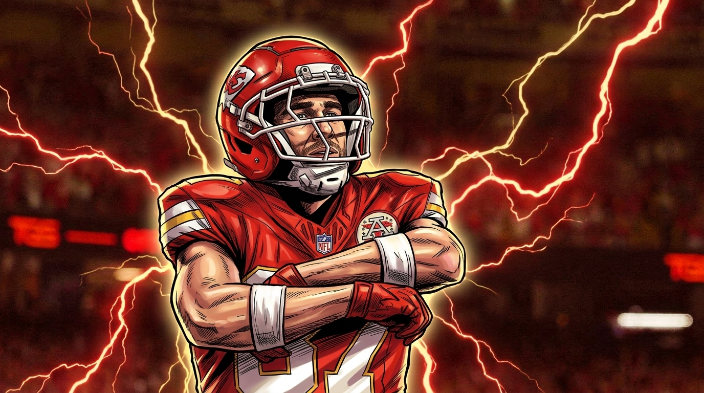 Comic-style illustrated portrait of Travis Kelce in a red Kansas City Chiefs jersey, arms crossed, red and gold electric-energy effect crackling around him against a dark stadium backdrop