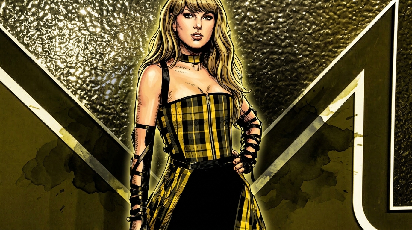 Comic-style illustration of Taylor Swift in a black and yellow plaid corset top in front of a gold-tinted step-and-repeat backdrop, ink wash effect.
