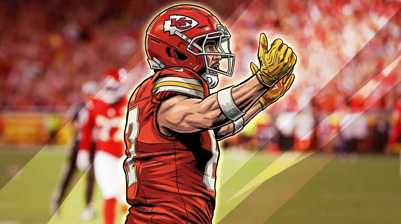 Comic-style illustrated portrait of Travis Kelce in a red Chiefs jersey and helmet, celebrating on the sideline with a gold light-streak effect