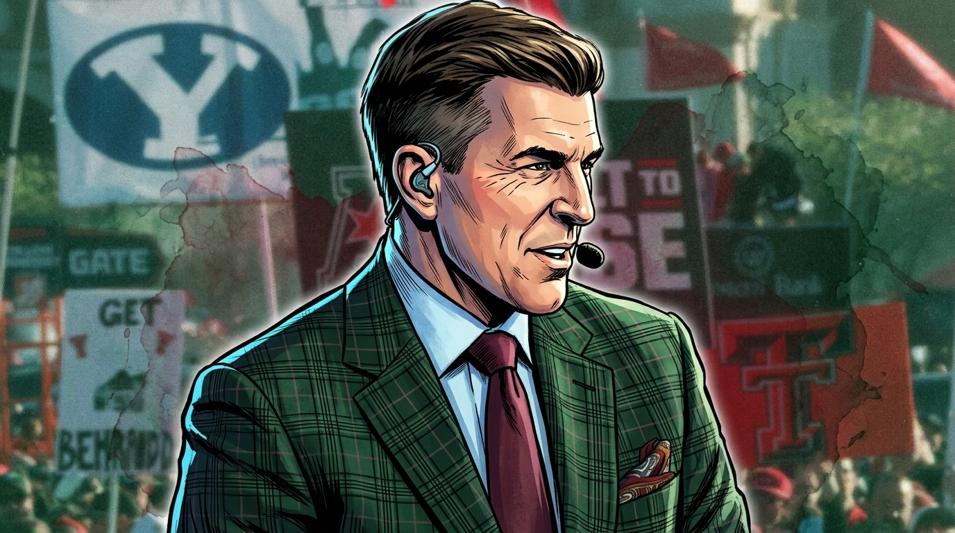 Comic-style illustration of ESPN College GameDay host Rece Davis mid-broadcast, tinted green with a watercolor/ink-wash effect, stadium signage and crowd in the background