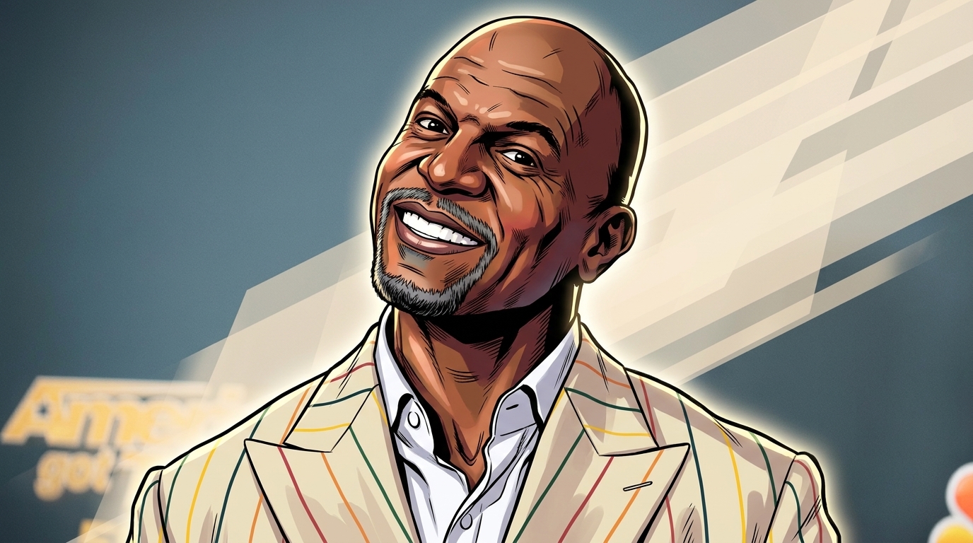 Comic-style illustration of Terry Crews smiling in a cream pinstriped blazer and white shirt, geometric light streaks glowing across a blue backdrop behind him.