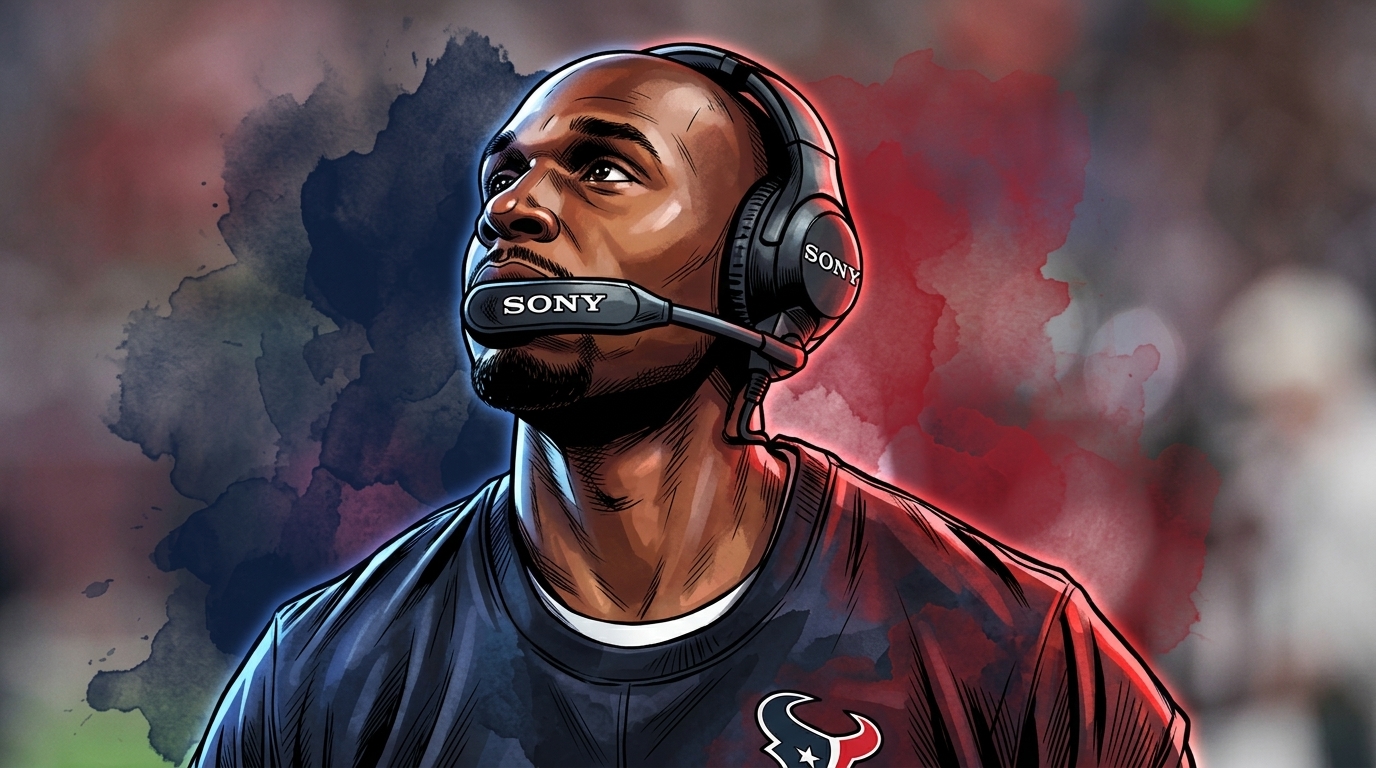 Comic-style illustration of Houston Texans head coach DeMeco Ryans on the sideline in a navy Texans pullover and headset, navy and red ink-wash effect over a blurred stadium crowd backdrop