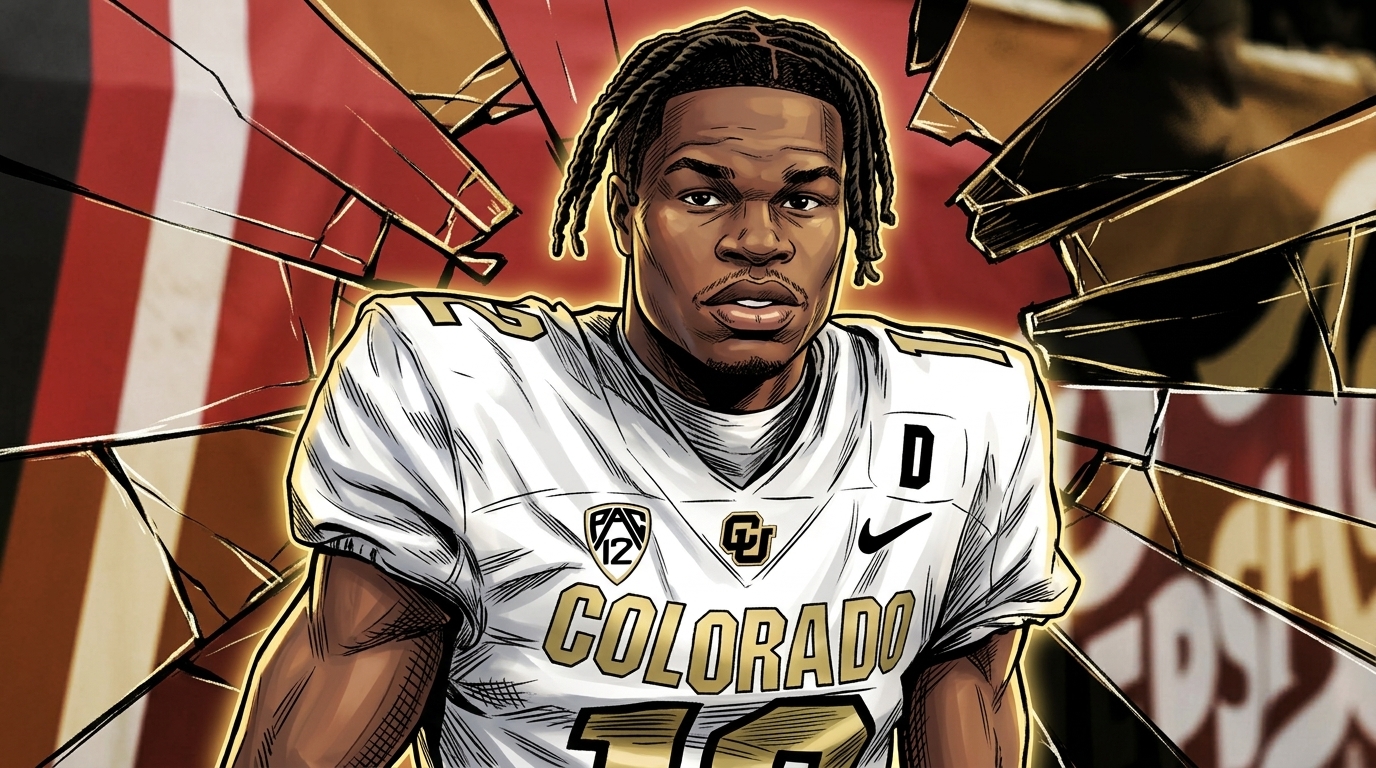 Comic-style illustration of a Colorado Buffaloes football player in a white jersey with a shattered-glass effect background