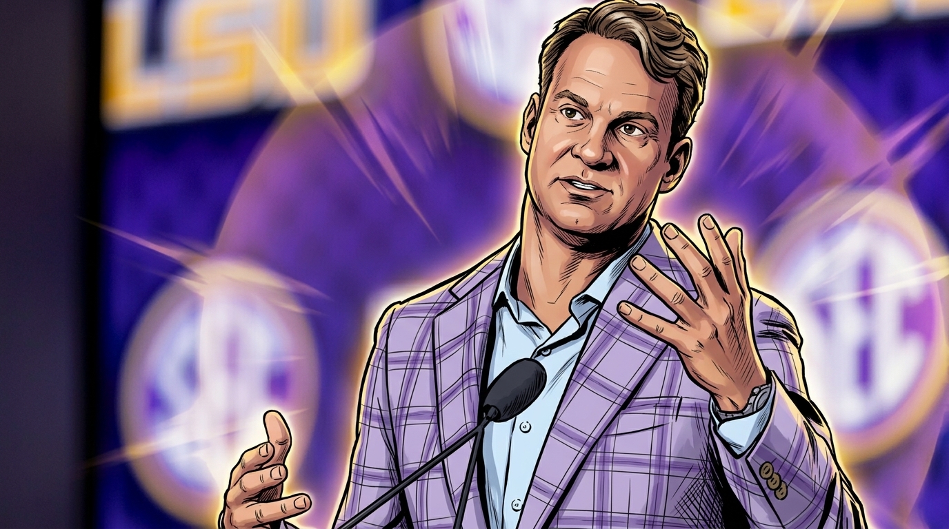 Comic-style illustration of Lane Kiffin in a purple plaid blazer gesturing at a podium in front of a blurred LSU and SEC step-and-repeat backdrop, with purple and gold shockwave streaks radiating behind him