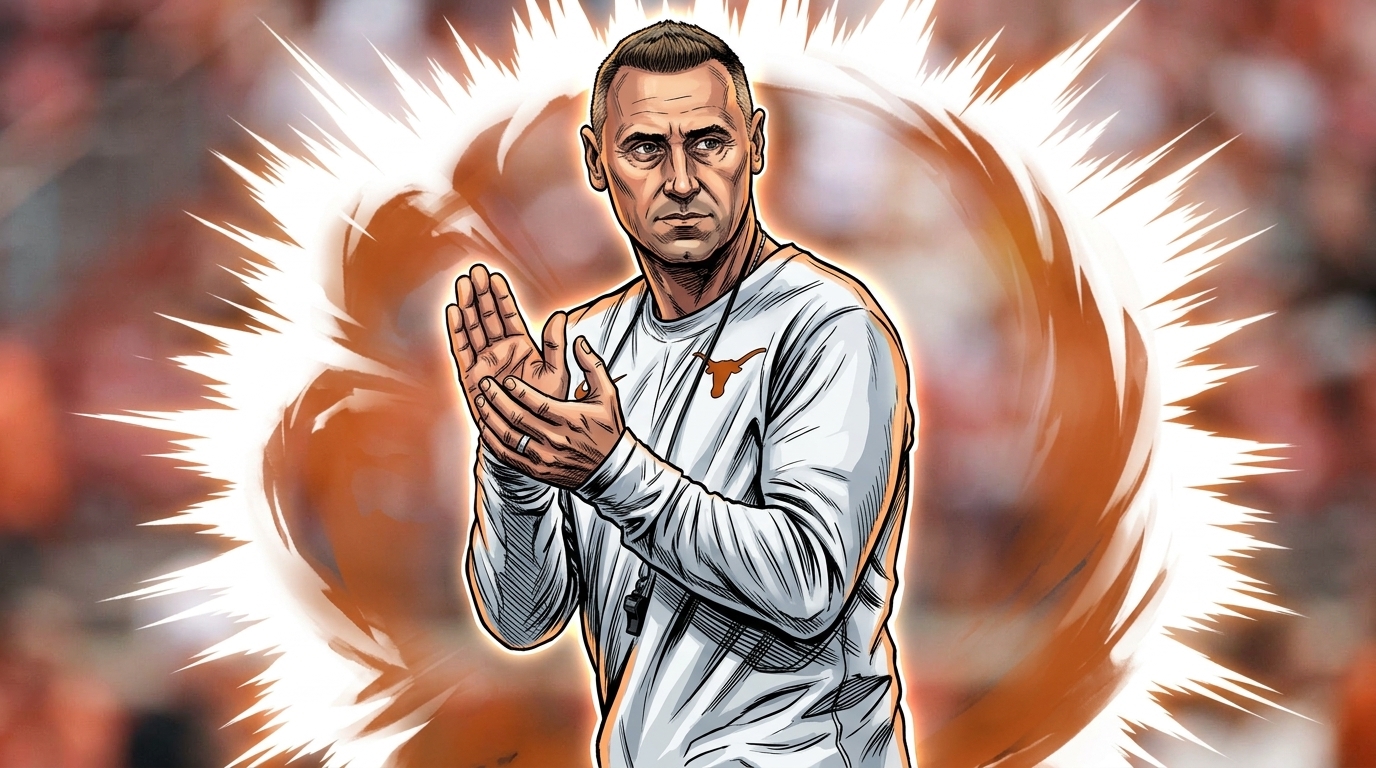 Steve Sarkisian reacting on the Texas sideline, comic-style illustration with a burnt-orange shockwave effect