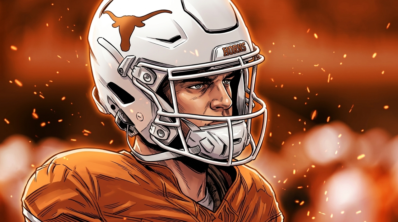 Comic-style illustration of Texas Longhorns quarterback Arch Manning in a white Longhorns helmet with burnt-orange horns logo and burnt-orange jersey, close-up three-quarter view, orange particle-field and floating-embers effect over a blurred stadium crowd background