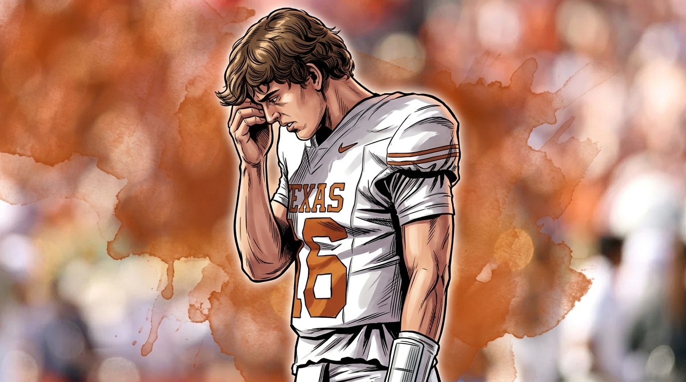 Comic-style illustration of Arch Manning in a Texas Longhorns jersey, head down, walking off the field