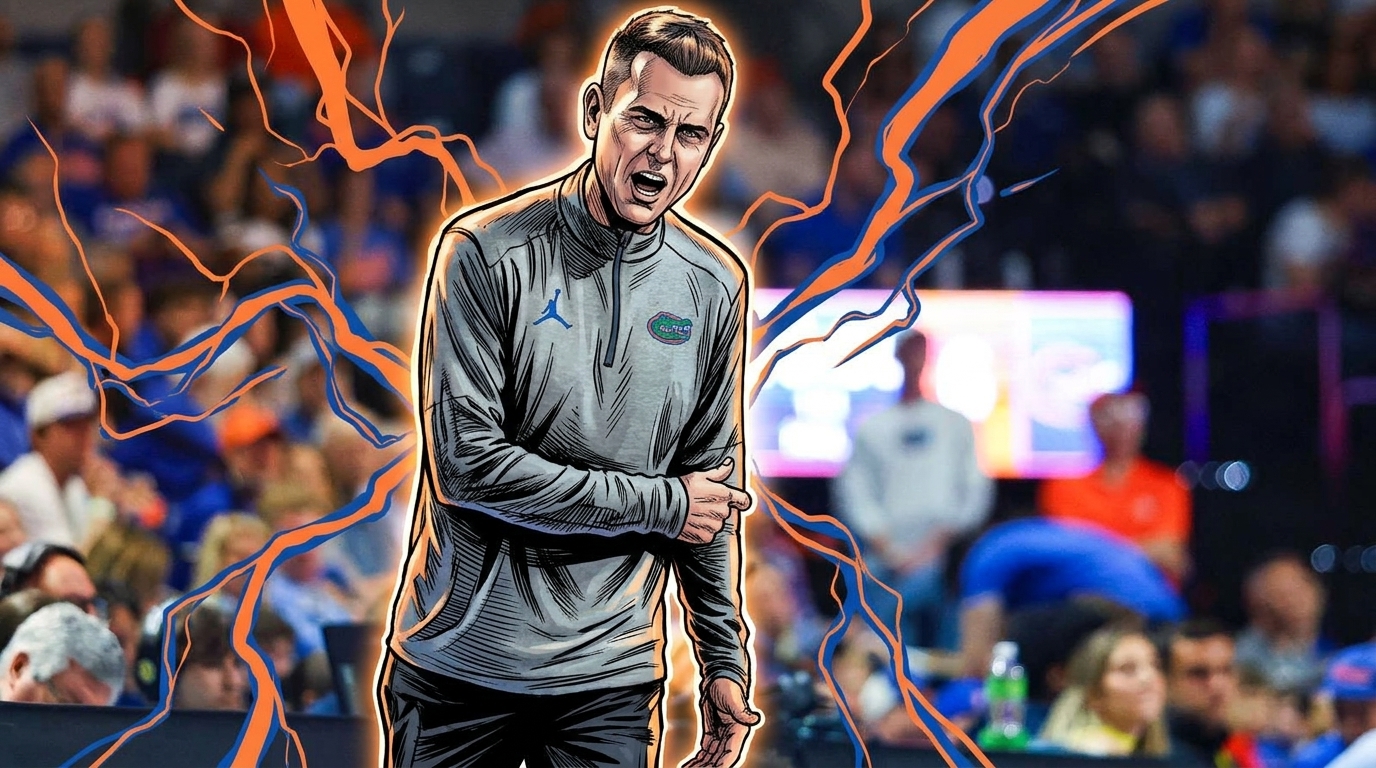 Comic-style illustration of Todd Golden shouting instructions in a gray Florida Gators quarter-zip, orange and blue electric-energy lightning effect over a blurred arena crowd background