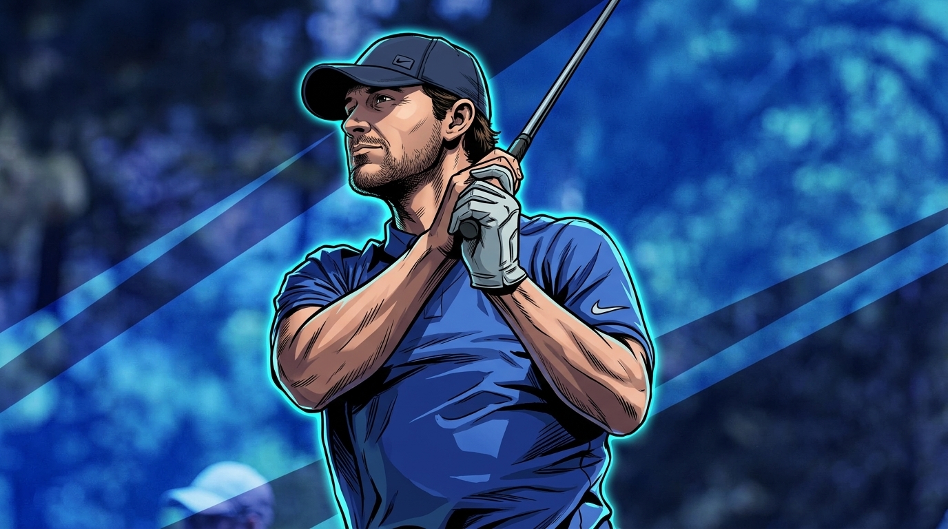 Comic book illustration of Tony Romo in a navy cap and blue polo, geometric light-streak effect over a blurred outdoor background