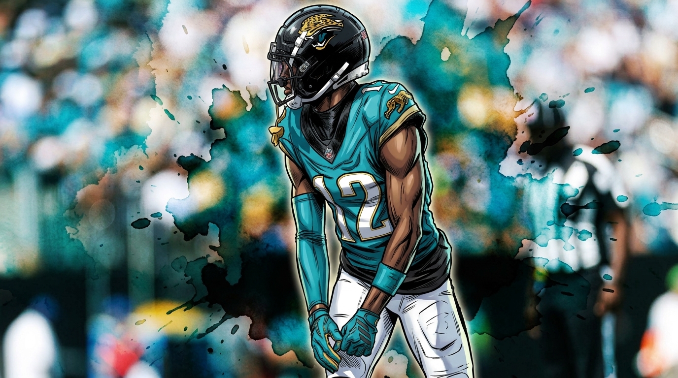 Comic-styled illustration of Travis Hunter in a Jacksonville Jaguars jersey