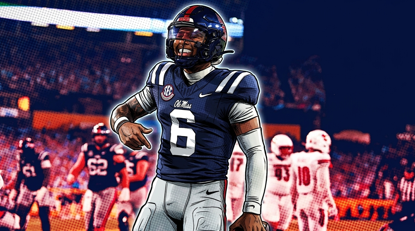 Comic-style illustration of Ole Miss quarterback Trinidad Chambliss smiling and pointing after a touchdown in his navy No. 6 jersey, halftone dot pattern washing over the stadium background.
