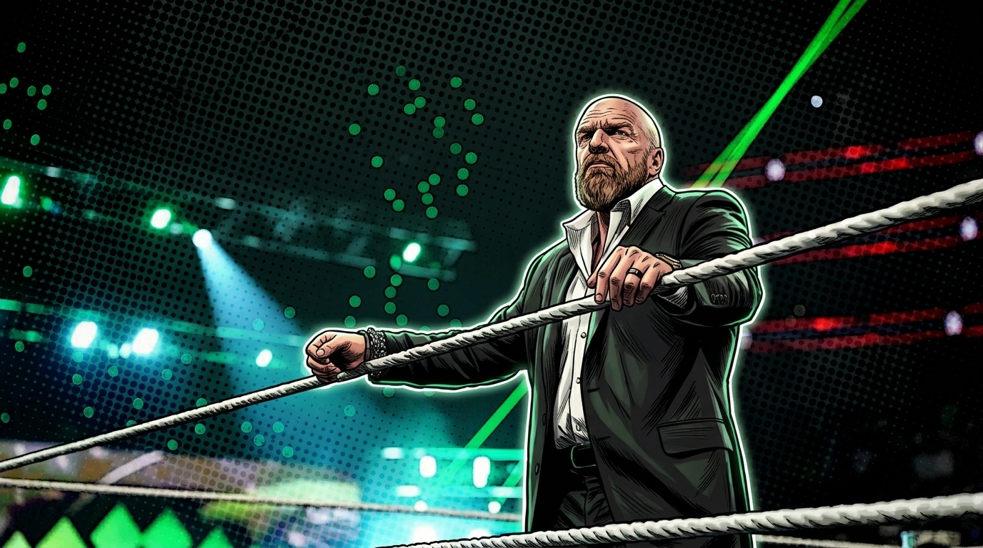 Triple H in Marvel comic book illustration style, black suit with open-collar white shirt, standing in the wrestling ring holding the ropes, halftone dot effect with green and red stage lighting