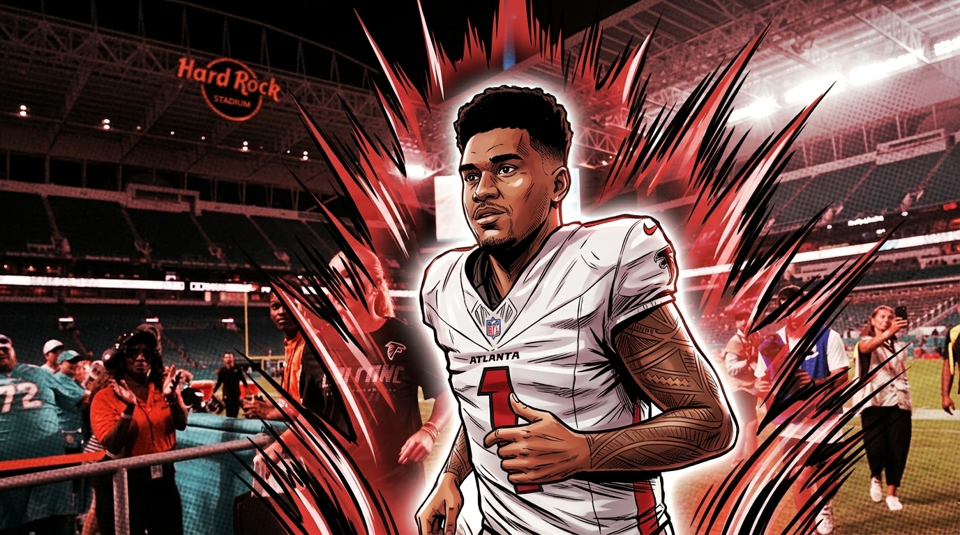 Tua Tagovailoa, Atlanta Falcons, in comic book style with a shockwave effect — Swipe Sports