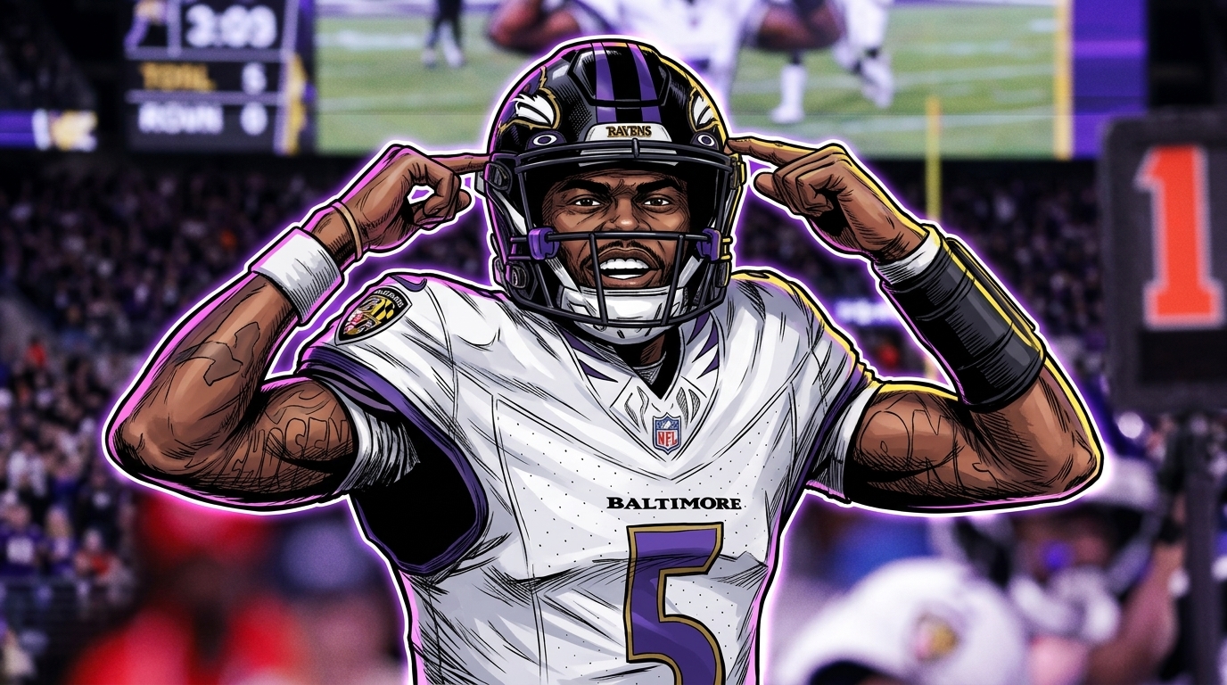 Comic-style illustration of Tyler Huntley celebrating in the white Baltimore Ravens away uniform and black helmet, purple ink-wash/watercolor-bleed effect, blurred stadium crowd background