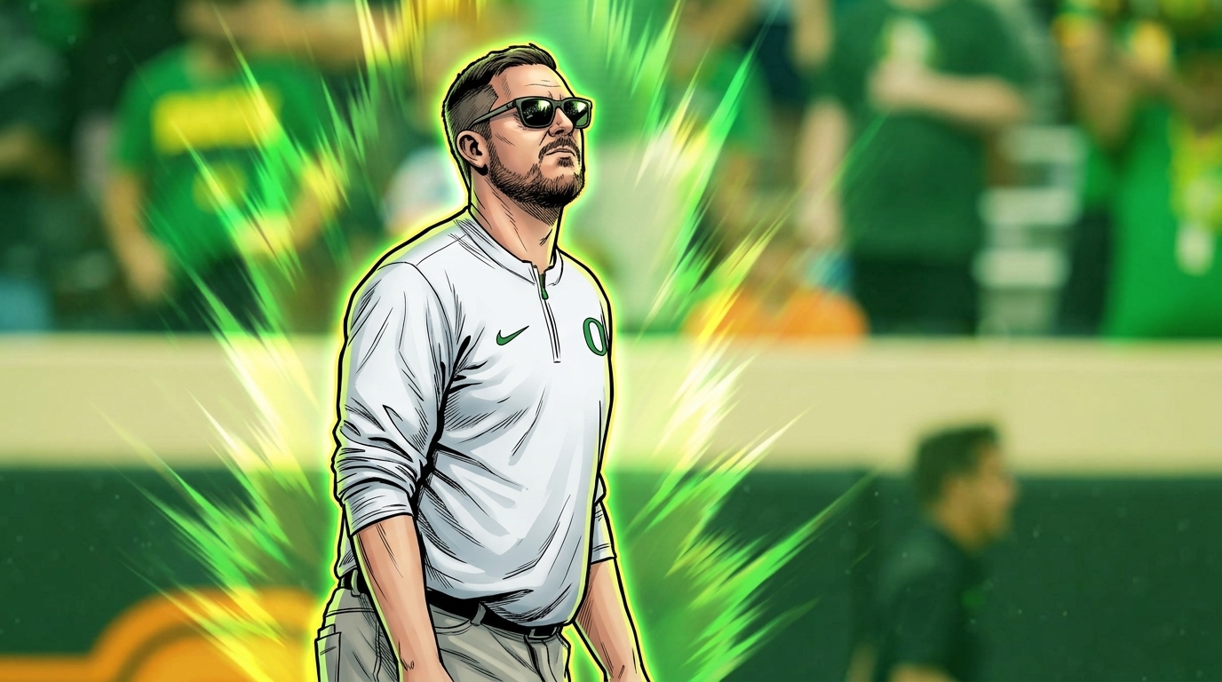 Comic-style illustration of Oregon Ducks head coach Dan Lanning in a white Nike quarter-zip with a green Oregon 'O' logo, standing on the sideline in the rain, green and yellow shockwave effect radiating behind him over a blurred stadium crowd background