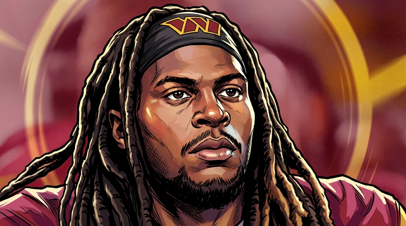 Comic-book illustration of Tyler Owens in a maroon Washington Commanders jersey and black headband with the Commanders logo, dreadlocks framing his face, golden shockwave rings over a blurred maroon-and-gold background
