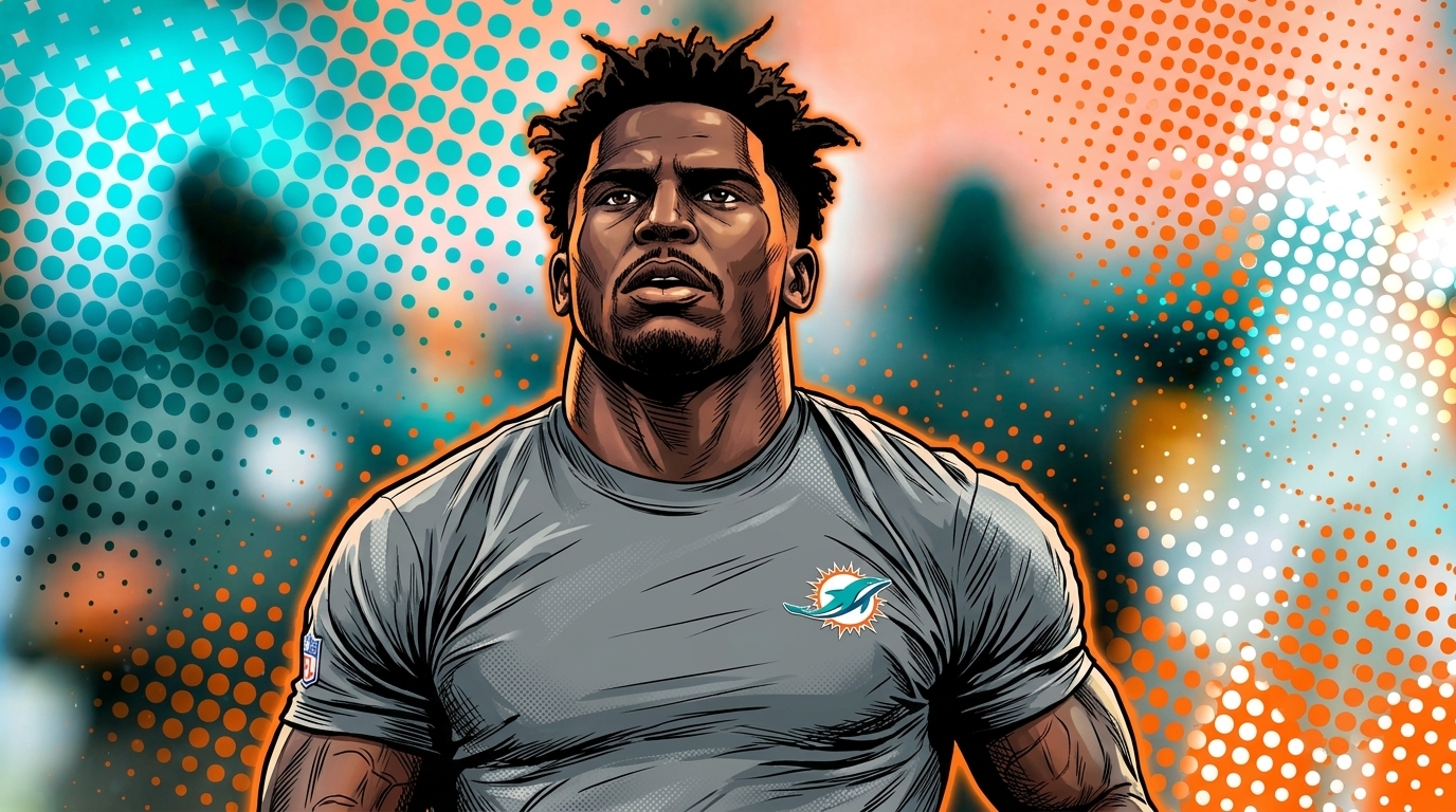 Comic-style illustration of Tyreek Hill in a grey Dolphins warmup shirt against a blurred stadium background with halftone dot overlay