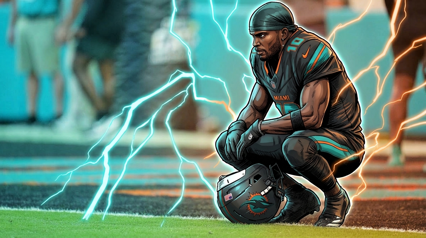 Comic-style illustration of Tyreek Hill kneeling on the sideline in Dolphins gear with an electric-energy effect