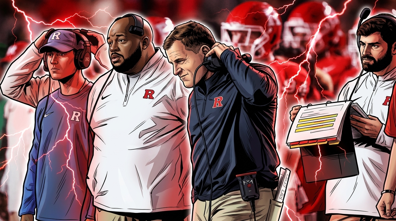 Greg Schiano on the Rutgers sideline adjusting his headset — Swipe Sports