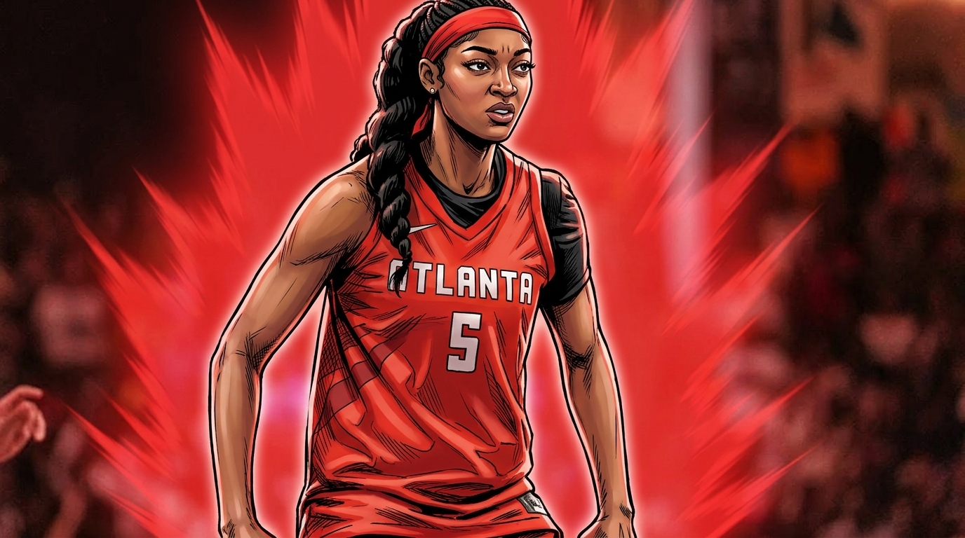 Comic-style illustration of Angel Reese in a red Atlanta Dream jersey with white 'ATLANTA' wordmark, calm pose, red shockwave spike-burst effect radiating from the subject against a red-tinted arena bowl background — editorial image for Team USA's FIBA World Cup comeback win over France.