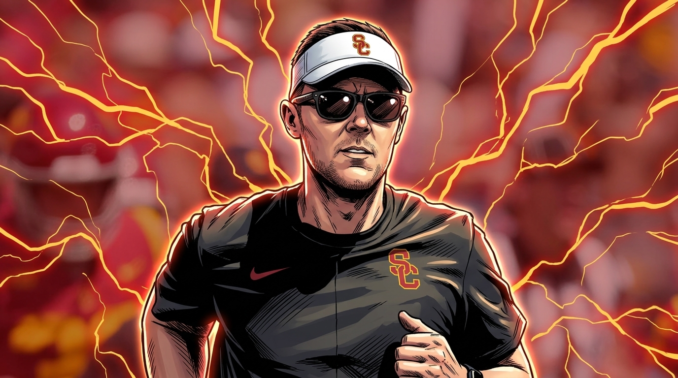 Comic-style illustration of USC head coach Lincoln Riley jogging onto the field in a black USC 'SC' shirt and white visor, electric energy lightning effect radiating behind him against a color-tinted Los Angeles Memorial Coliseum background