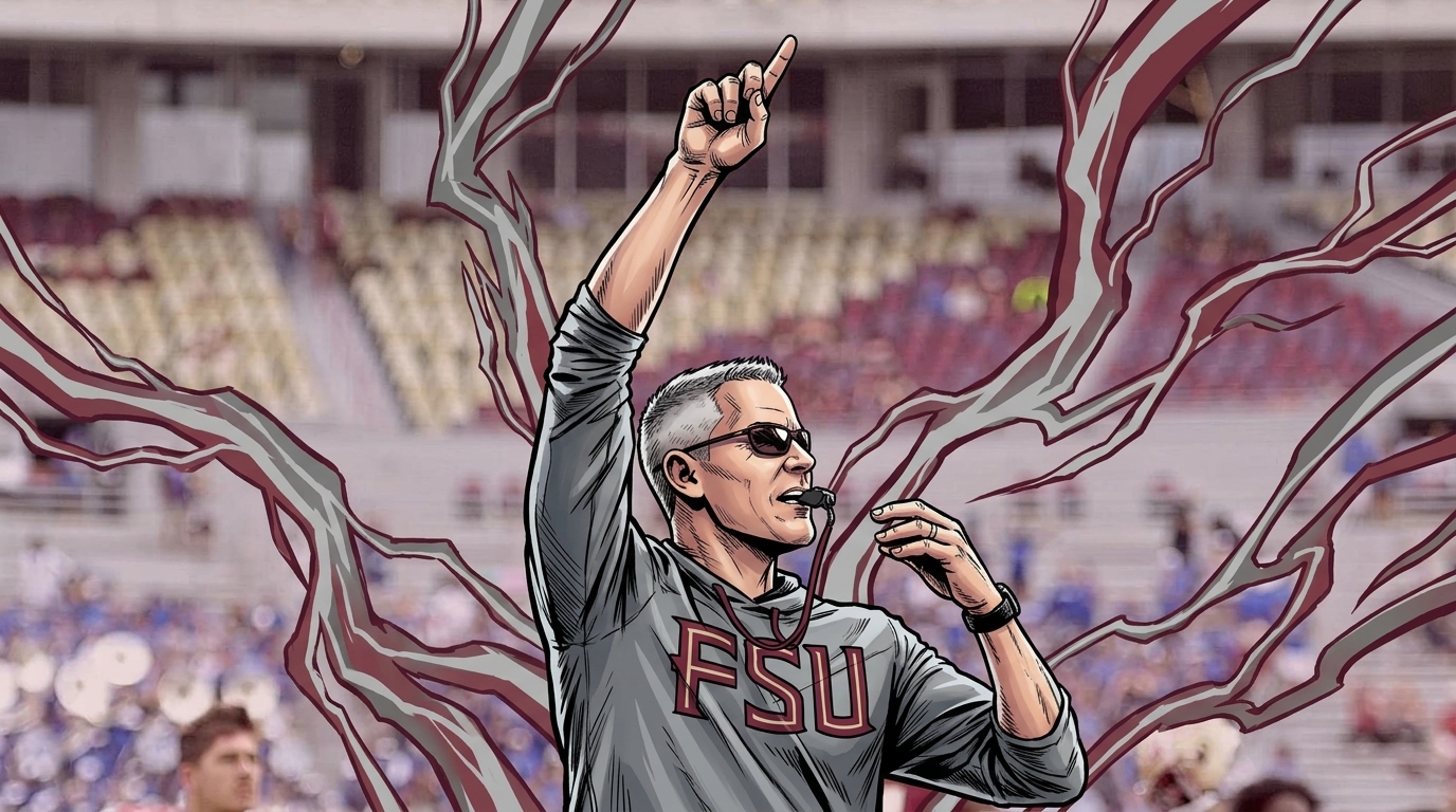 Comic-style illustration of Florida State head coach Mike Norvell in a gray FSU pullover, pointing skyward with a whistle in his mouth, against a maroon-and-gray electric-energy stadium background