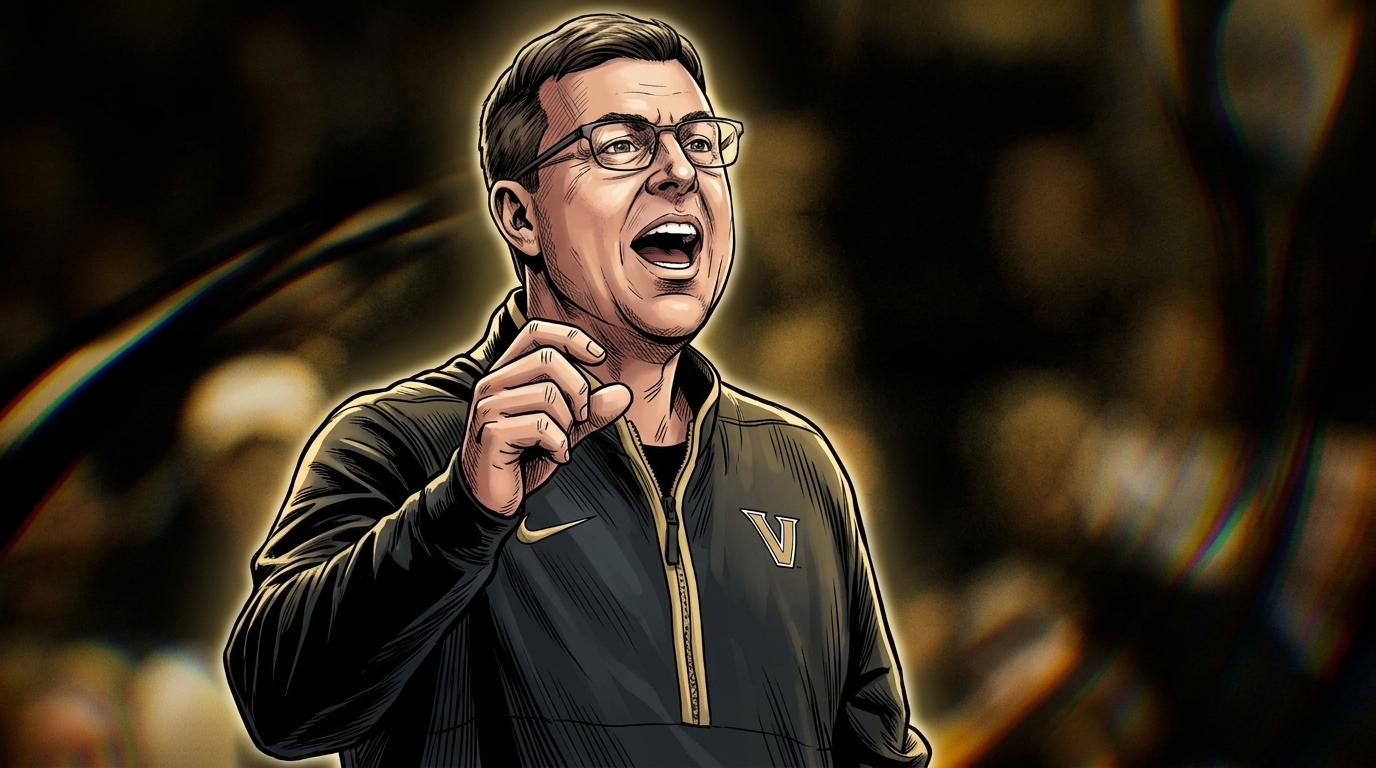 Comic-style illustration of Vanderbilt head coach Mark Byington shouting and pointing from the sideline in a black and gold quarter-zip, with a blurred arena crowd background and chromatic dispersion light streaks.