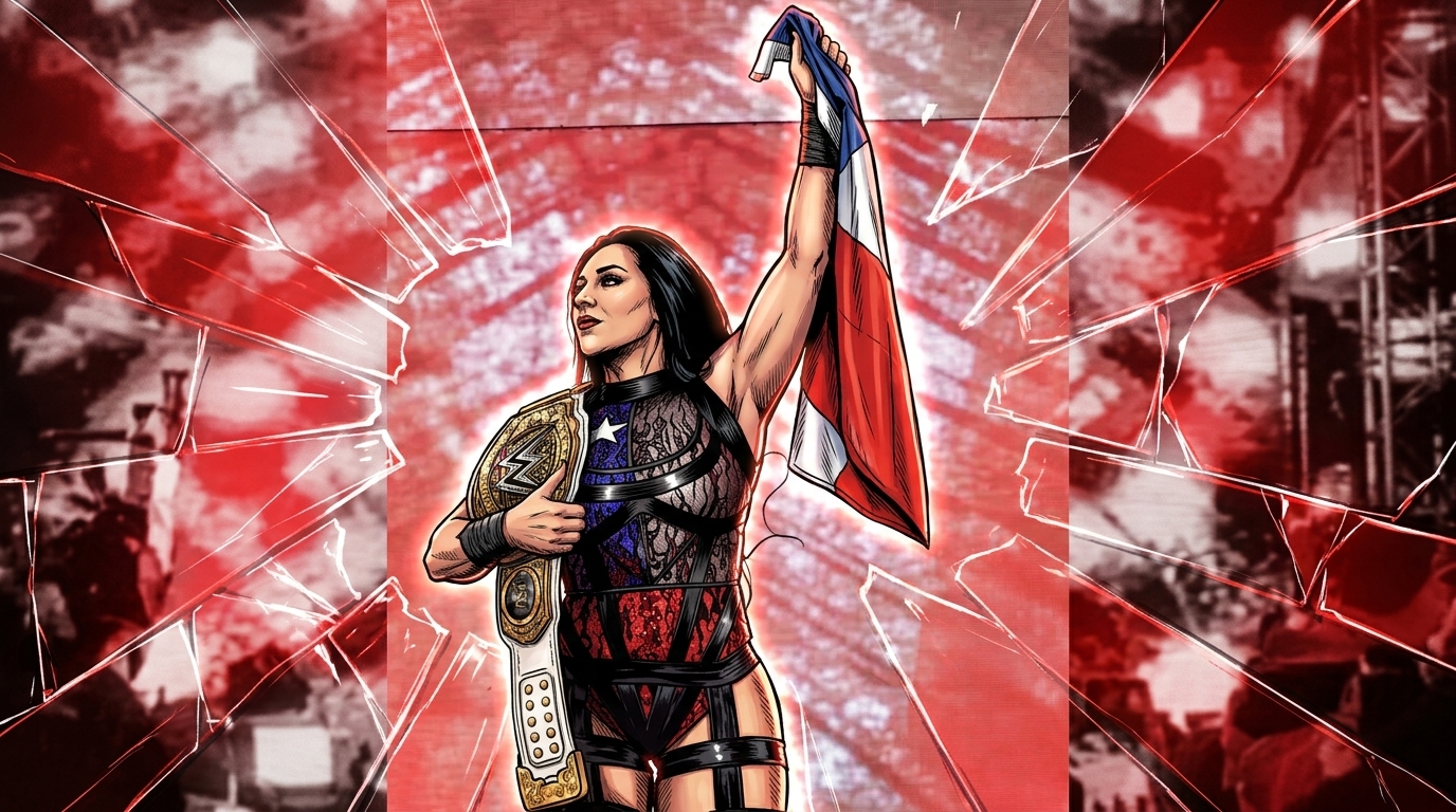 Comic-style illustration of Stephanie Vaquer holding the WWE Women's World Championship belt and raising the Chilean flag, shattered-glass red effect over a stage-light arena background