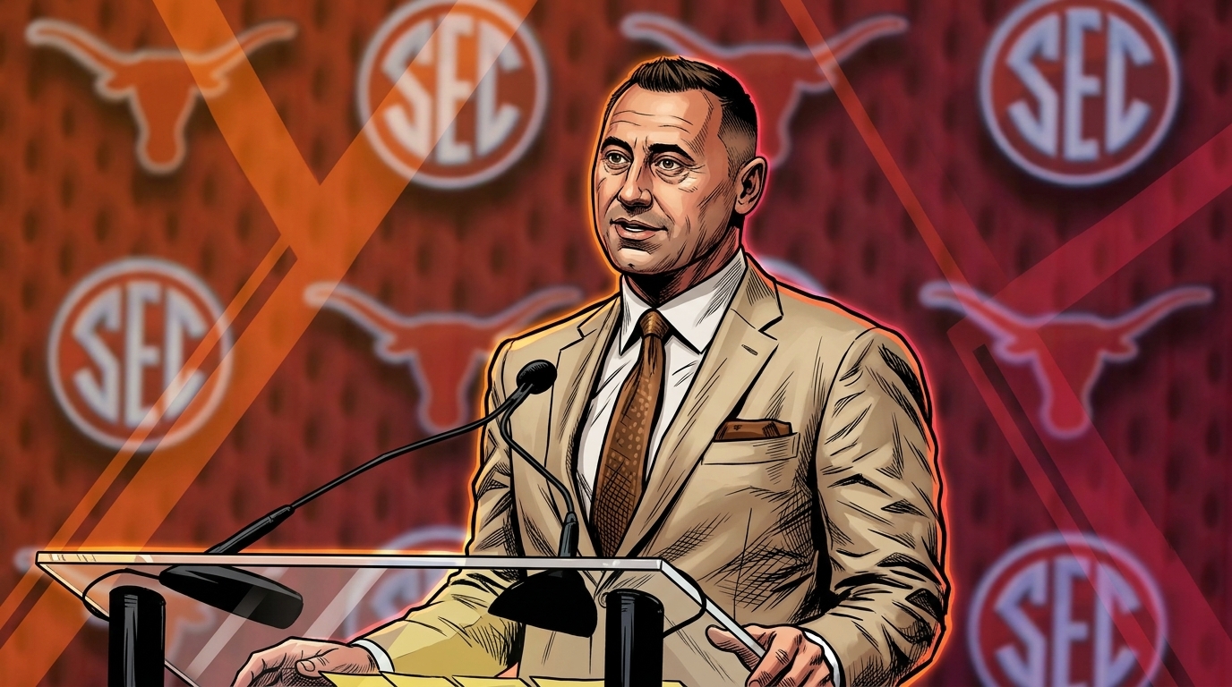 Comic-style illustration of Texas head coach Steve Sarkisian speaking at a podium in a tan suit, with Texas Longhorns and SEC logos and geometric light streak effects in the background