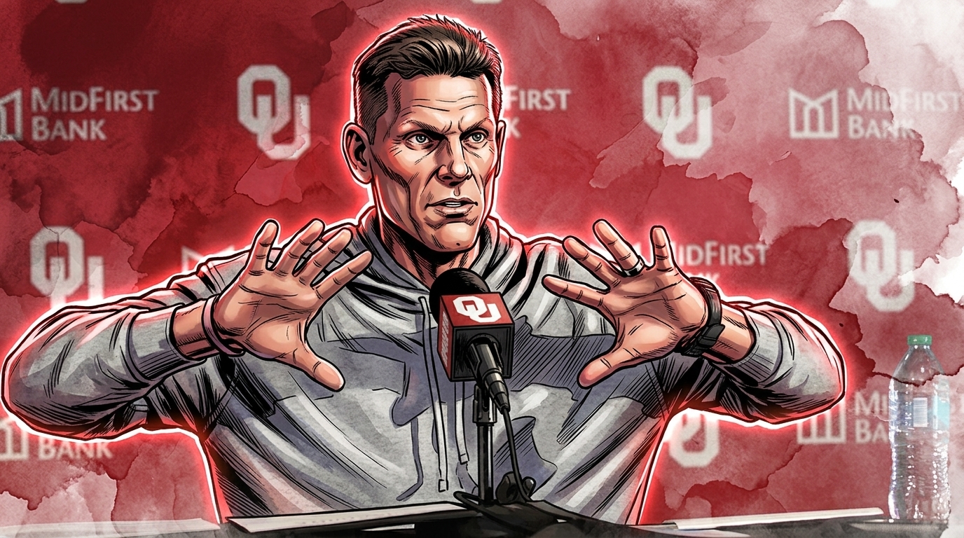 Comic ink-wash illustration of Oklahoma head coach Brent Venables gesturing with both hands at a podium, wearing a heather gray hoodie, with a crimson-washed MidFirst Bank and OU step-and-repeat backdrop
