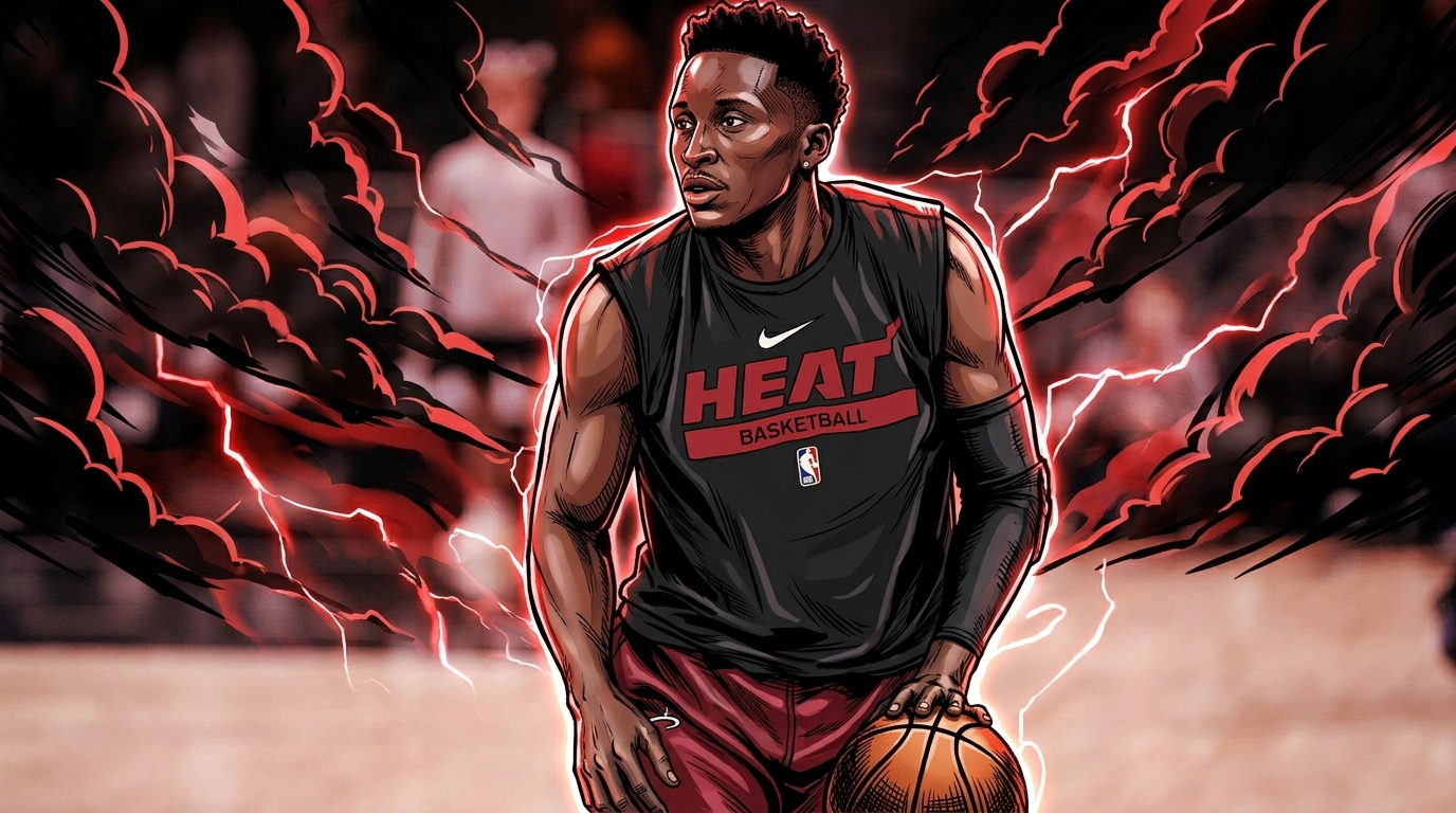 Comic-style ink illustration of Victor Oladipo in a black Miami Heat practice shirt dribbling a basketball, red lightning and storm-cloud effects glowing around him against a blurred arena background
