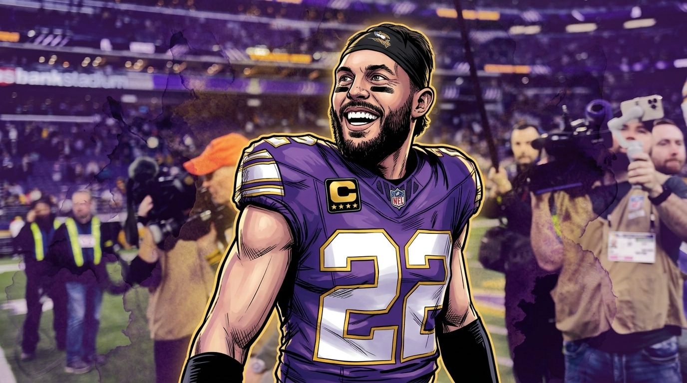 Comic-book style illustration of Harrison Smith in Minnesota Vikings gear with an ink wash/watercolor bleed effect