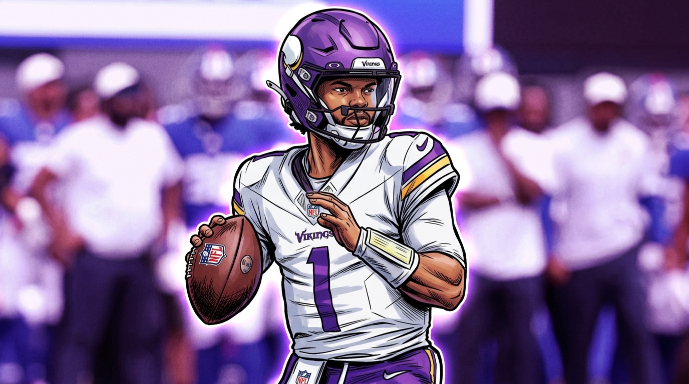 Comic-style illustration of Kyler Murray in Minnesota Vikings uniform, purple helmet and white jersey, dropping back to throw with a purple-blue neon glow effect