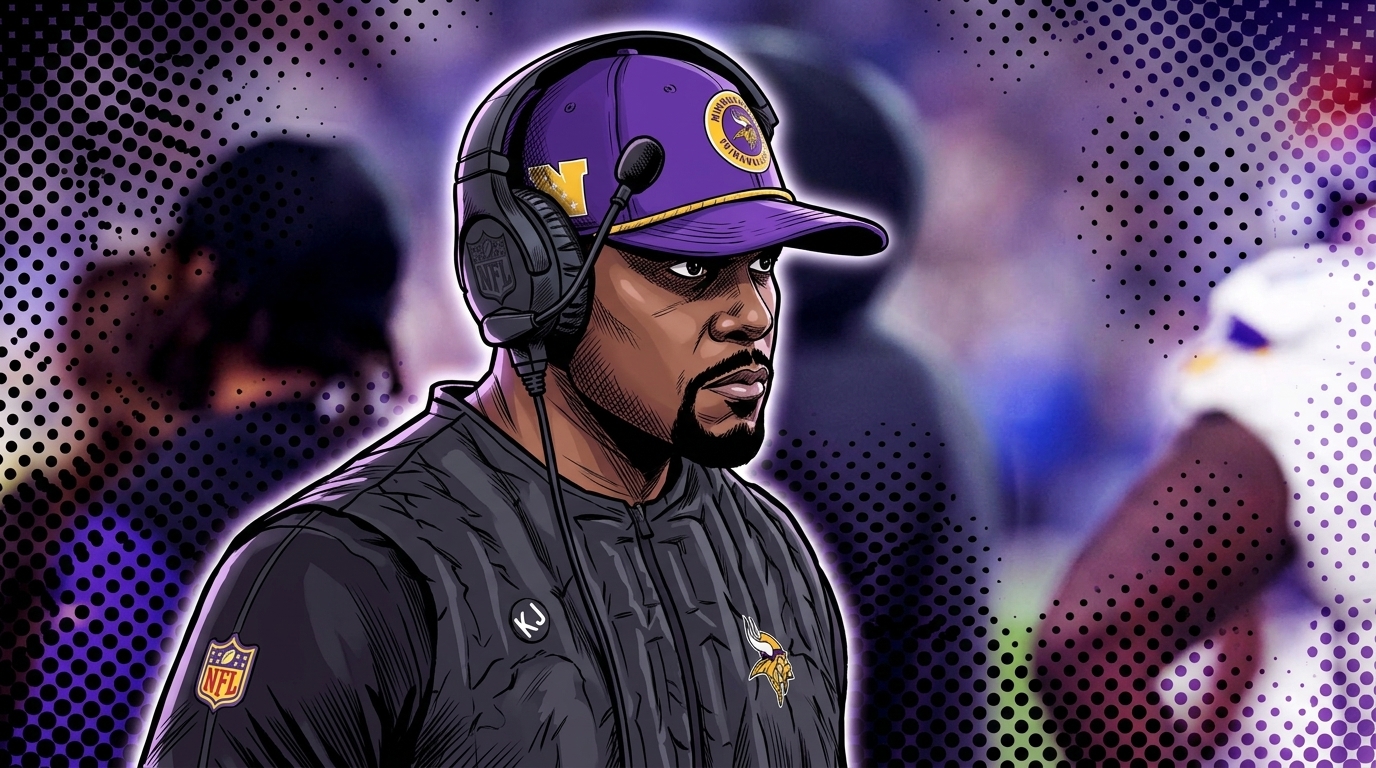Comic-book illustration of Brian Flores on the Vikings sideline wearing a purple cap and black vest with headset, halftone dot effect over a blurred stadium background